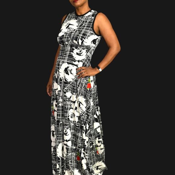 Vintage Pat Richards Slinky Dress Black White Tropical Floral Maxi 70s Small - Picture 1 of 16